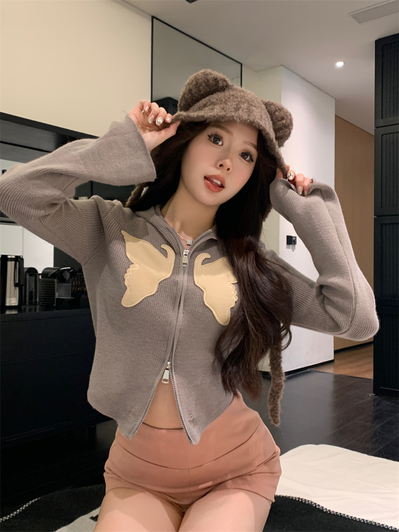 Real shot of autumn and winter retro contrast color butterfly design hooded sweater jacket short slim long-sleeved cardigan