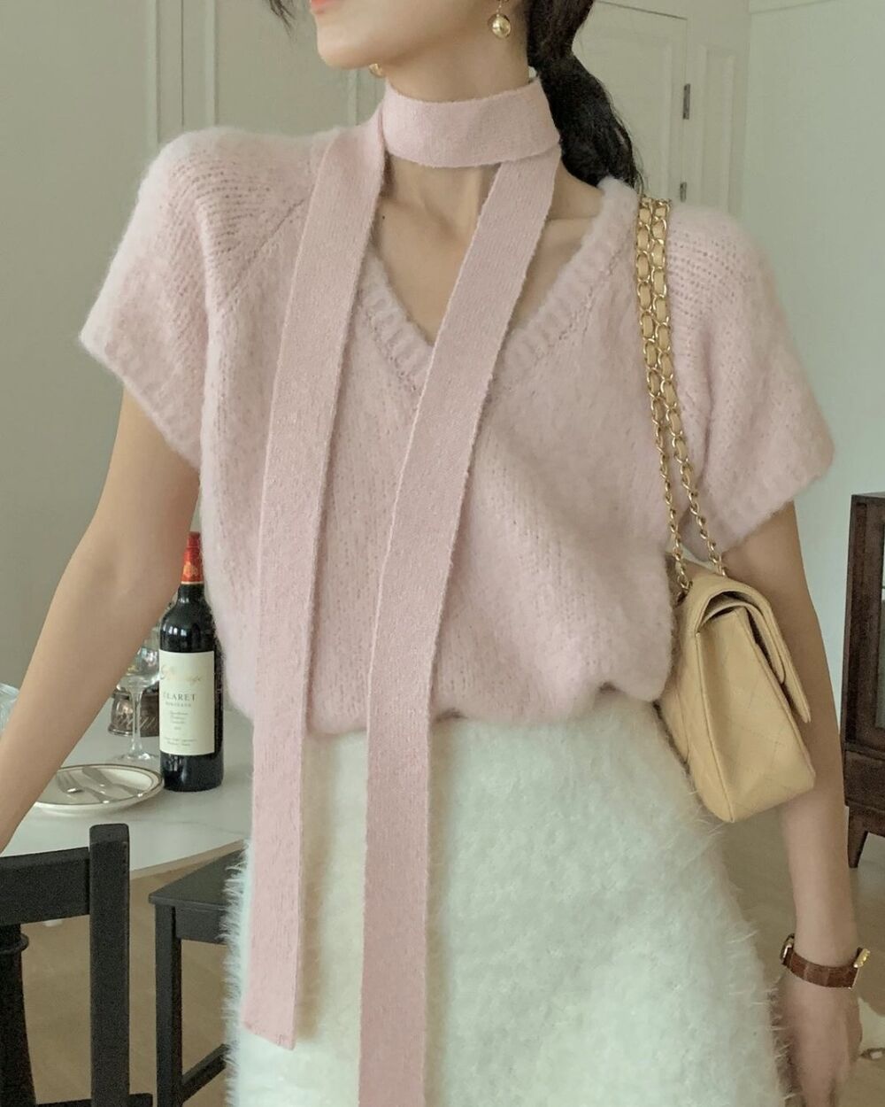 Actual large size Korean style plush solid color scarf knitted year-end style short-sleeved V-neck twill short-sleeved sweater