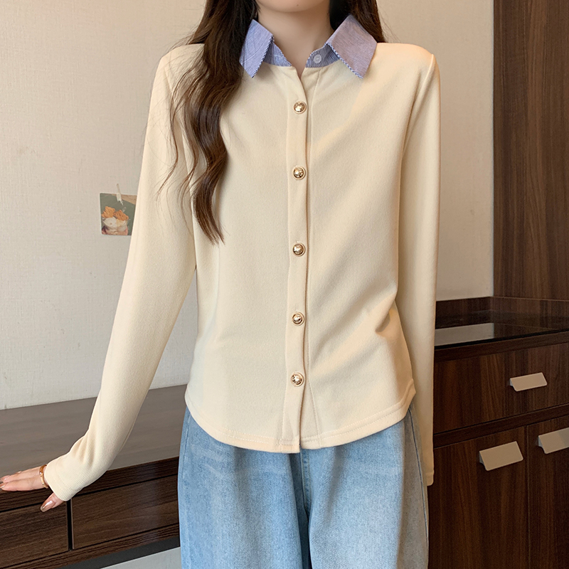 Actual shot of 2024 spring new style fat mm plus size women's fake two-piece high-end Polo collar shirt long-sleeved cardigan top