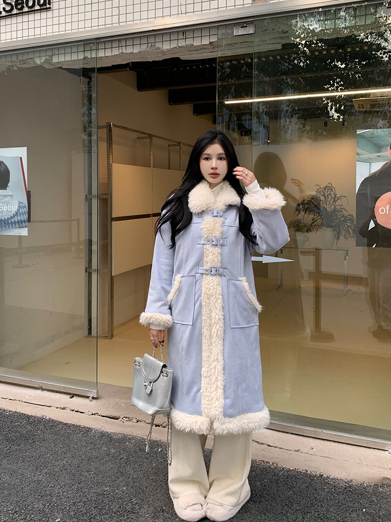 Actual shot of the new autumn and winter splicing furry fashionable Korean style loose and versatile warm mid-length coat