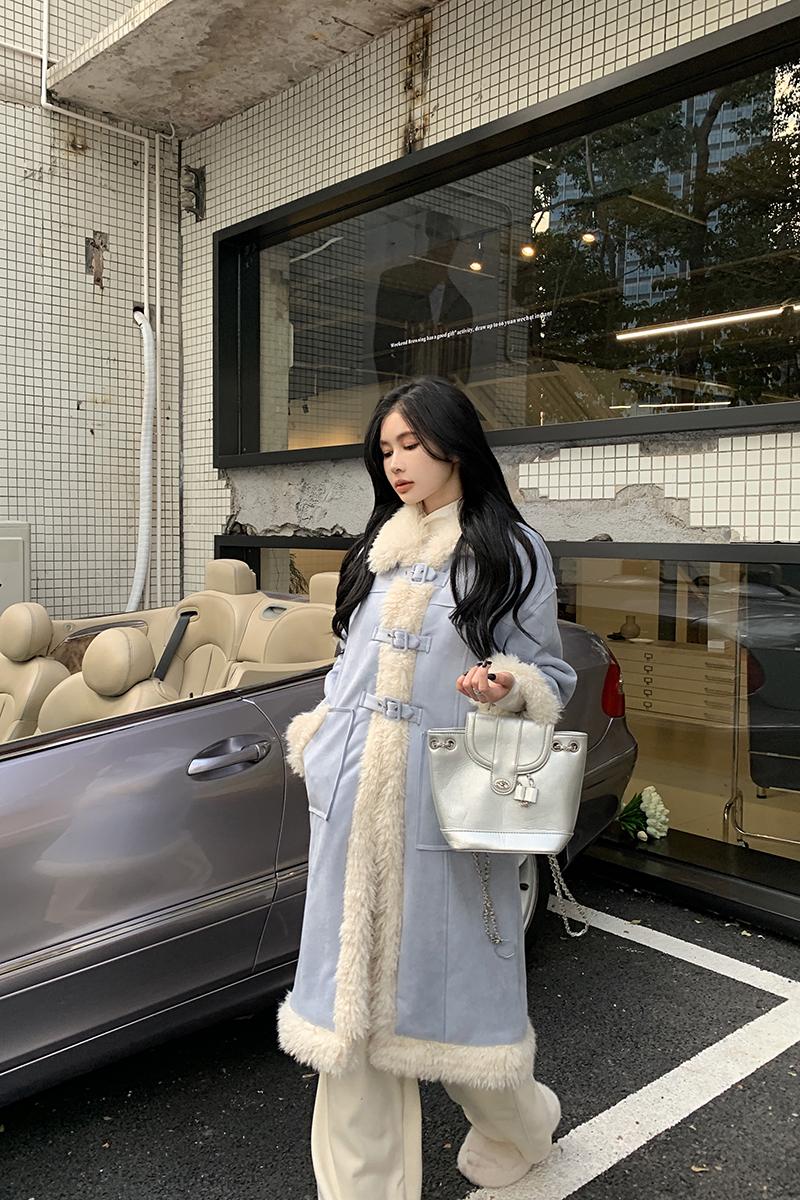 Actual shot of the new autumn and winter splicing furry fashionable Korean style loose and versatile warm mid-length coat