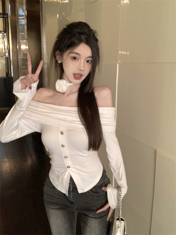 Actual shot of design one-shoulder lace-up floral slim-fit bottoming shirt spring and summer new slimming slit knitted t-shirt