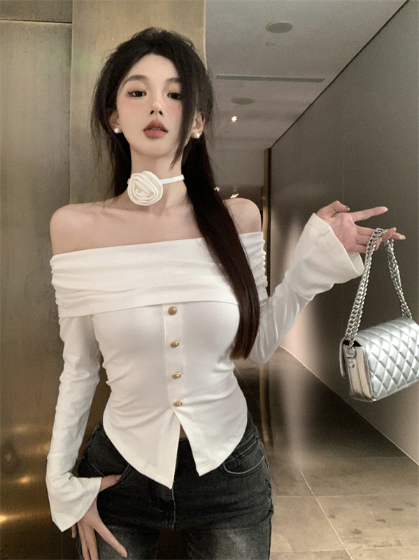 Actual shot of design one-shoulder lace-up floral slim-fit bottoming shirt spring and summer new slimming slit knitted t-shirt