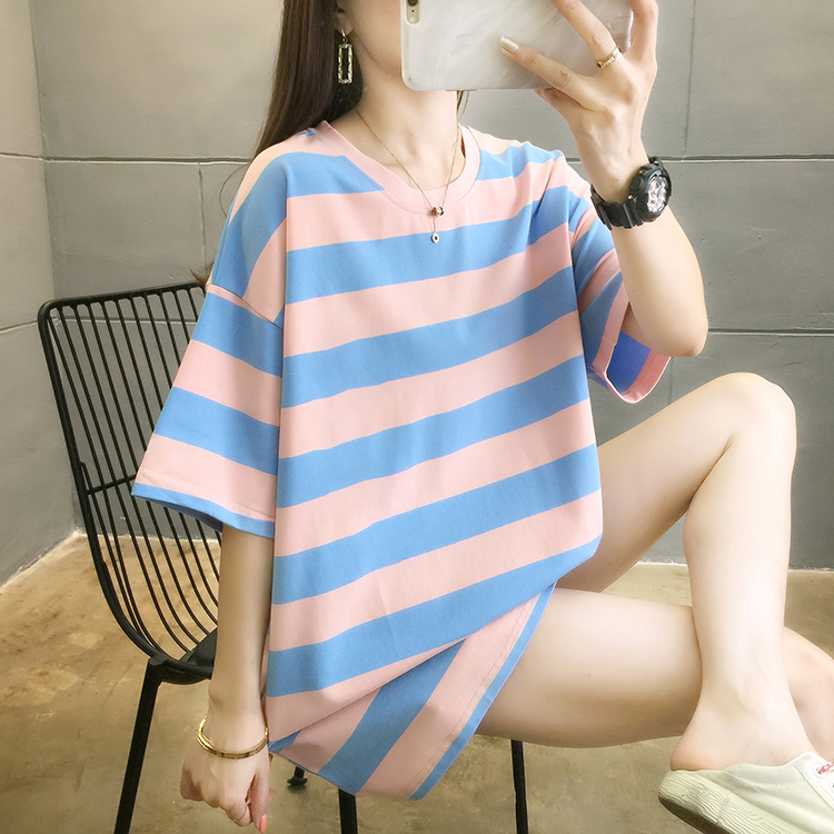 实拍32支色织条/95棉5氨纶夏装新款韩版中长款条纹短袖女