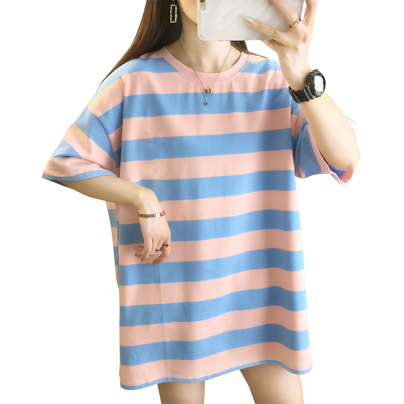 实拍32支色织条/95棉5氨纶夏装新款韩版中长款条纹短袖女