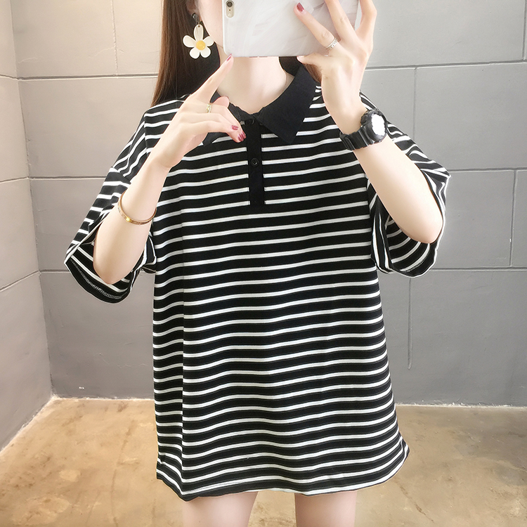 Actual shot of 32 yarn-dyed strips/95 cotton 5 spandex summer wear new Korean version POLO collar striped short-sleeved women
