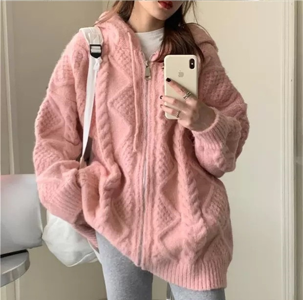 Twist sweater women's autumn and winter Korean style retro loose lazy outer sweater thickened warm hooded cardigan jacket