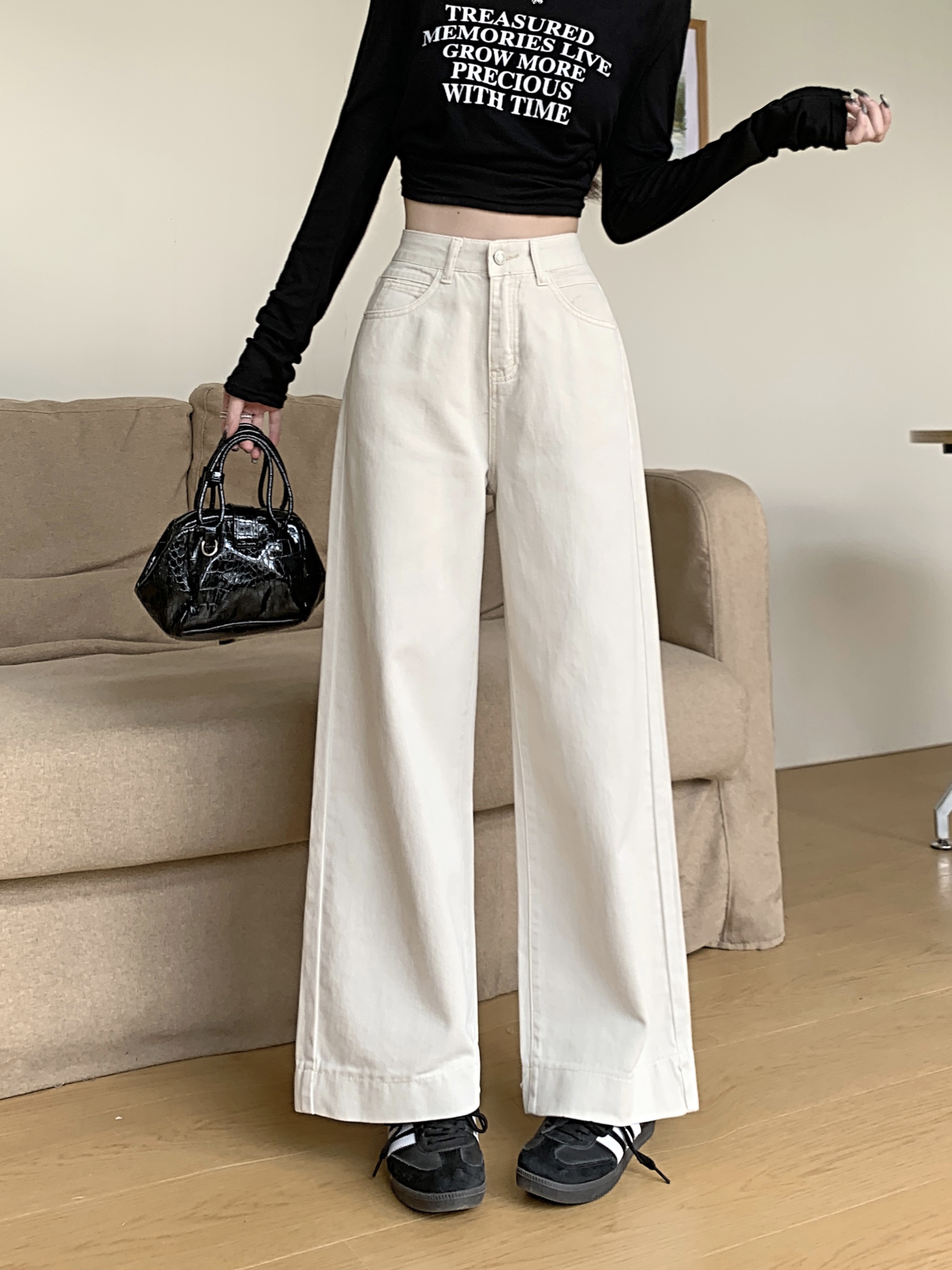 Actual shot of 2024 spring new off-white simple and versatile high-waisted slimming loose wide-leg jeans for women straight pants