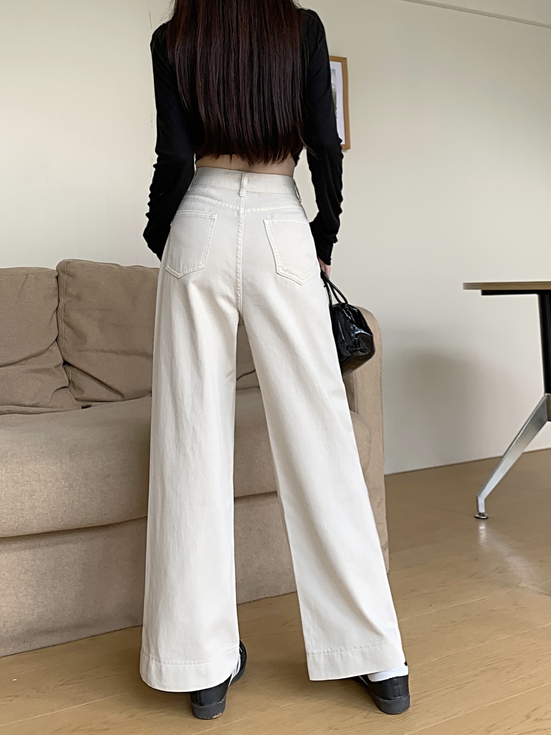 Actual shot of 2024 spring new off-white simple and versatile high-waisted slimming loose wide-leg jeans for women straight pants