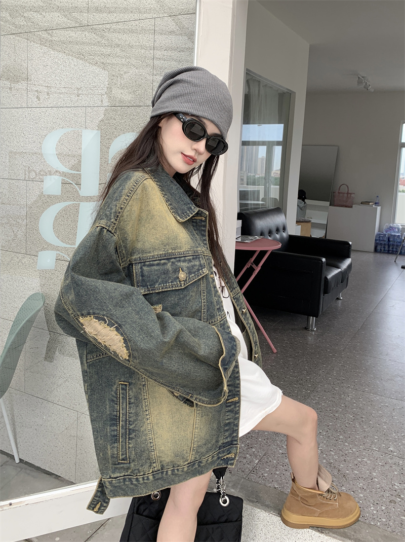 Real shot ~ Retro distressed denim jacket for women, loose and versatile street jacket, autumn design, ripped top