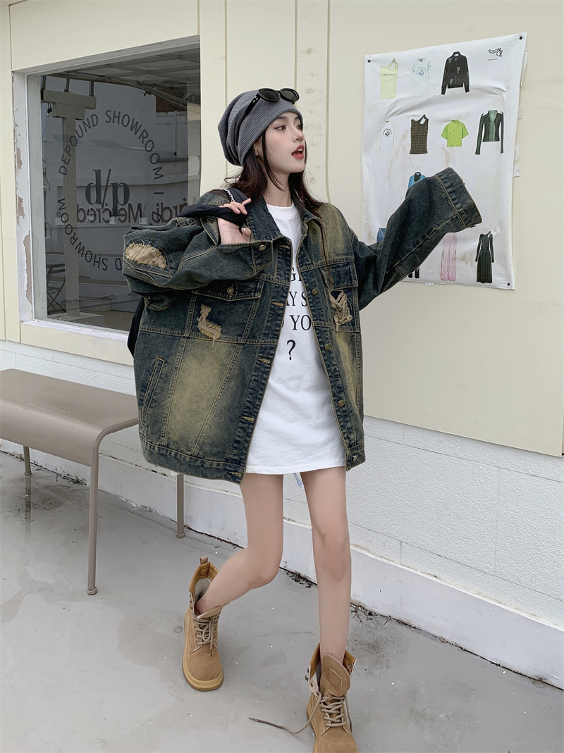Real shot ~ Retro distressed denim jacket for women, loose and versatile street jacket, autumn design, ripped top