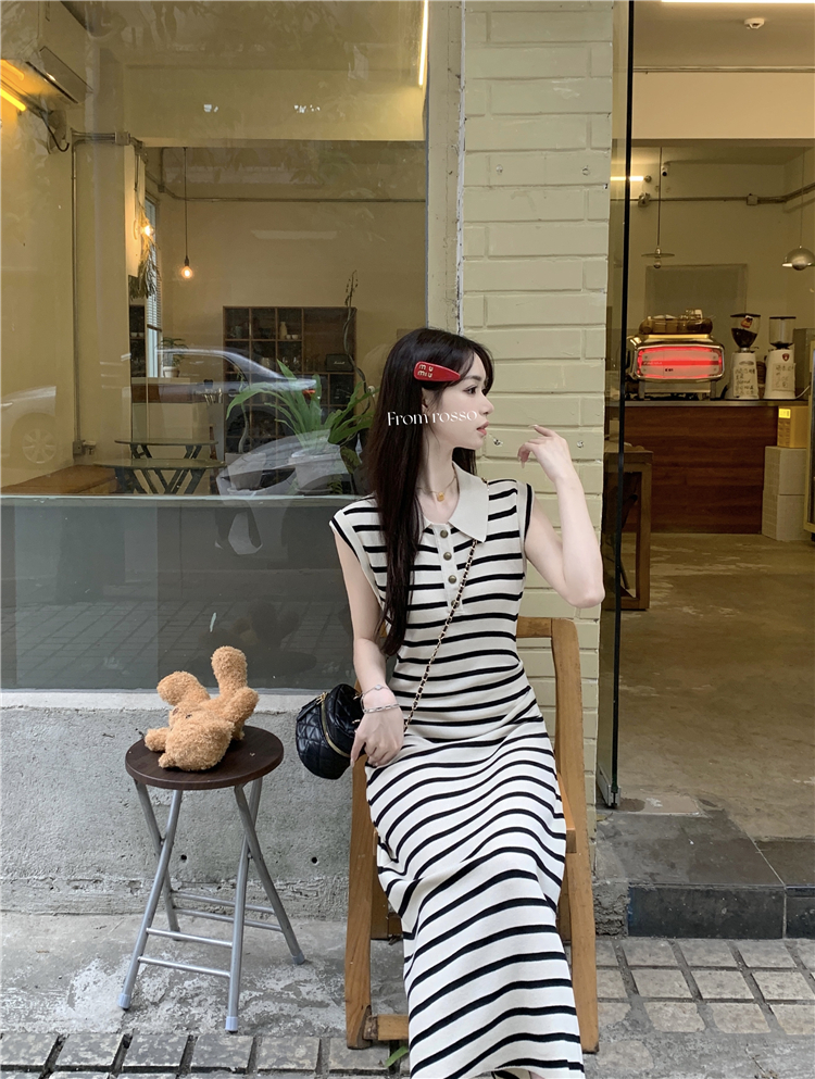 Actual shot of spring new style~Korean style polo collar striped pleated waist chic slimming dress