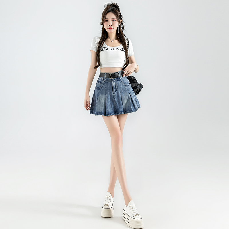 Real shot of denim short skirt for women in summer new design slimming high-waist hot girl A-line pleated skirt