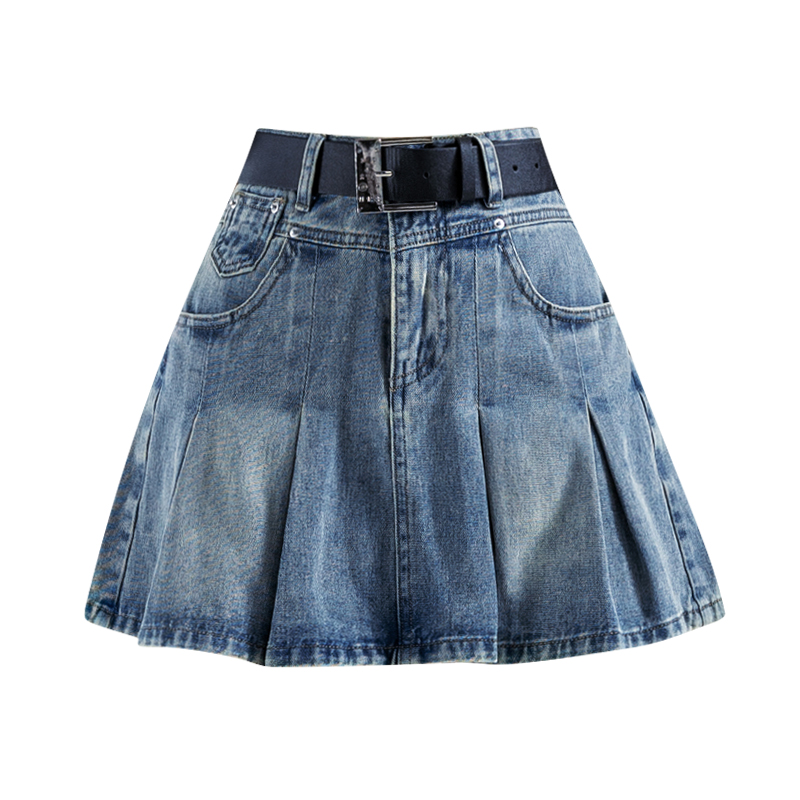 Real shot of denim short skirt for women in summer new design slimming high-waist hot girl A-line pleated skirt