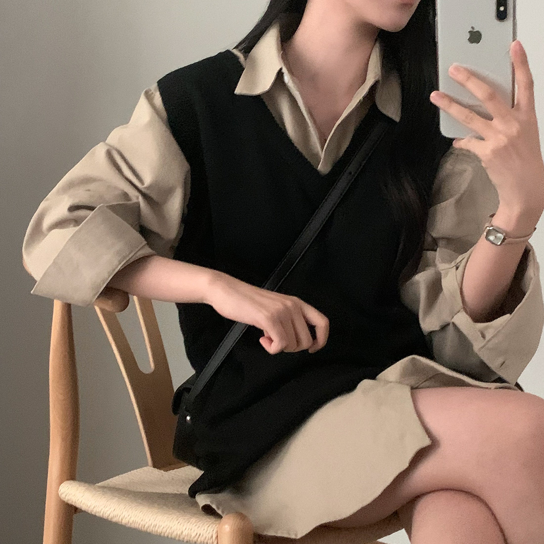 韩国chic早春V领气质针织背心+单排扣长袖衬衫时尚套装