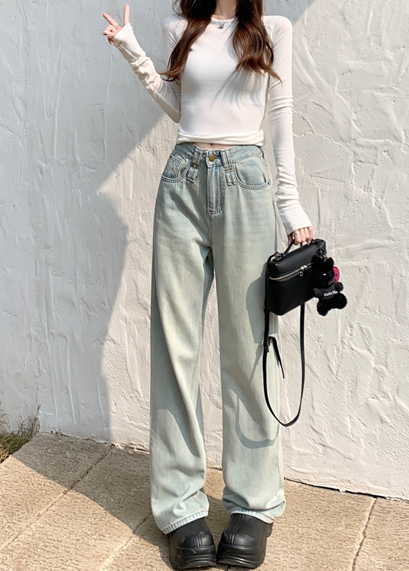 Actual shot#Loose straight denim trousers for women, designed washed retro narrow wide-leg floor-length trousers