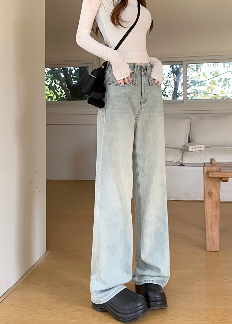 Actual shot#Loose straight denim trousers for women, designed washed retro narrow wide-leg floor-length trousers