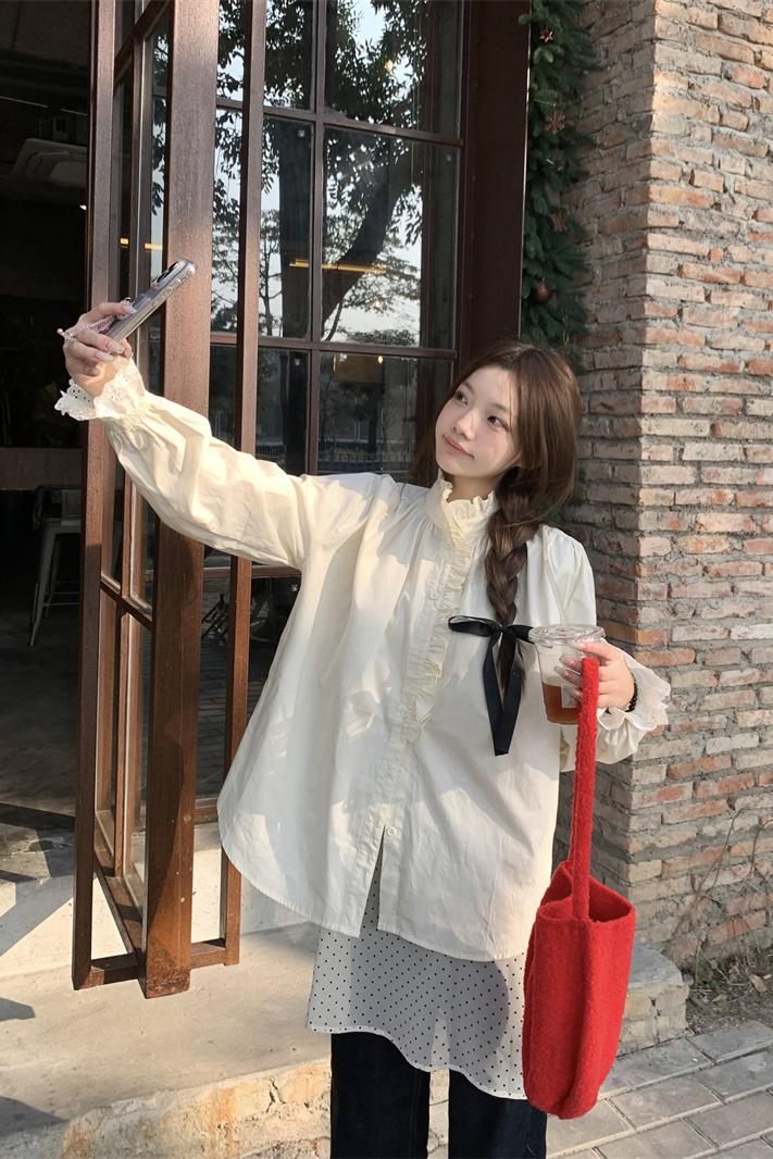 Actual shot ~ 2024 new model of stand-up collar, soft, sweet and cute girly lace long-sleeved shirt