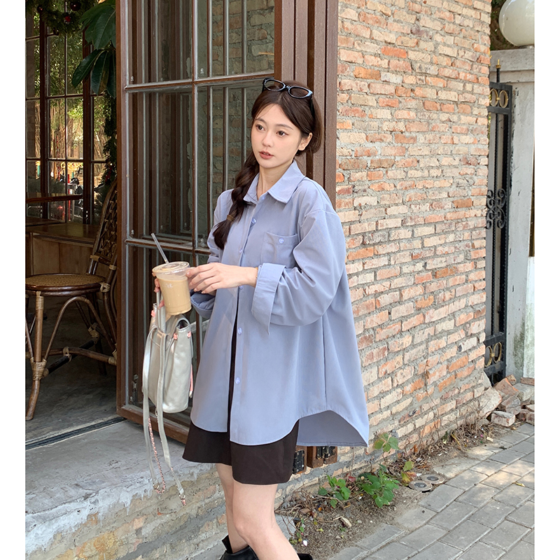 Real shot solid color simple loose shirt women's new temperament Polo collar long-sleeved cardigan top