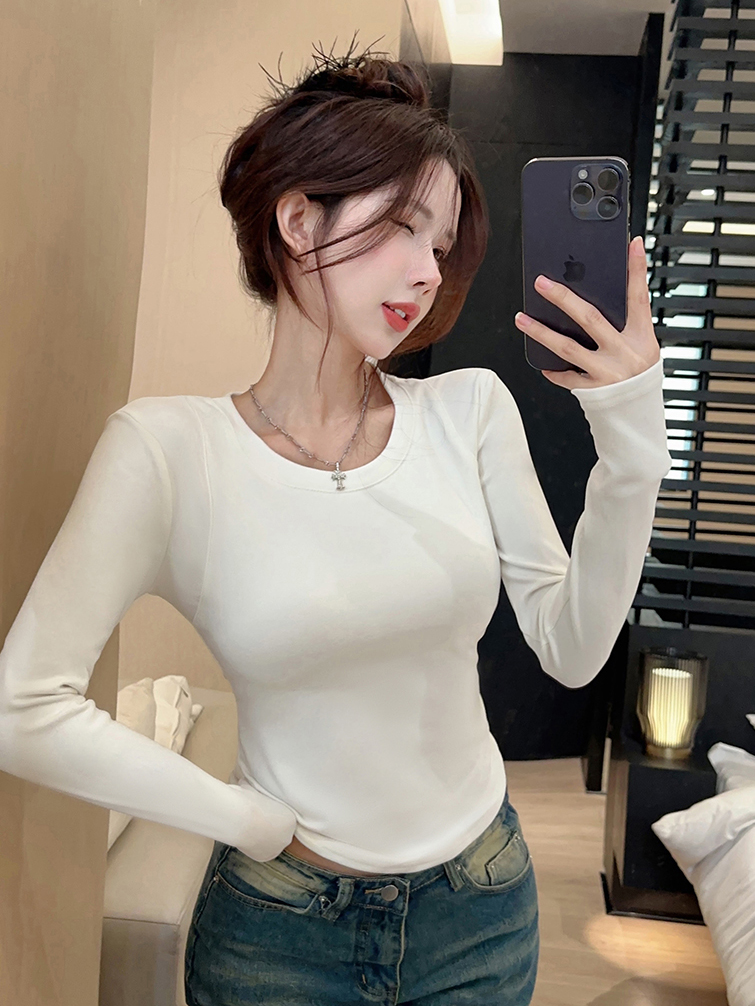 Actual shot of double-sided German velvet long-sleeved round neck T-shirt for women, autumn and winter inner layering shirt, slimming short top