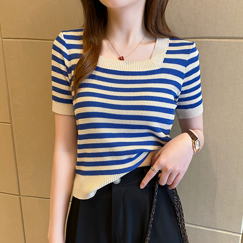 Black and white ice silk striped sweater short-sleeved T-shirt for women early autumn new style right shoulder thin square collar short top