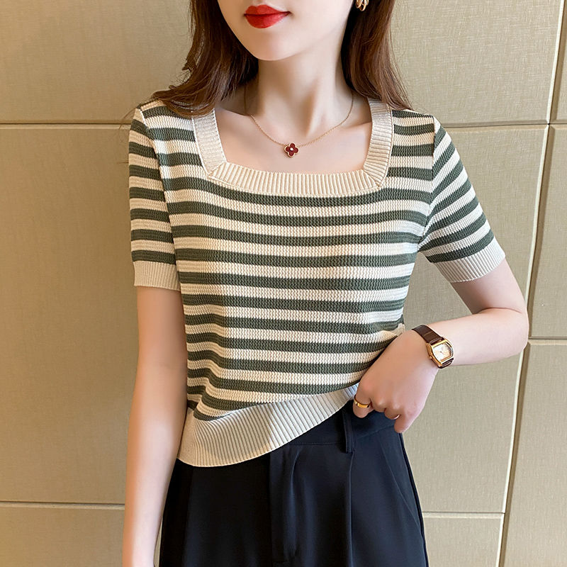 Black and white ice silk striped sweater short-sleeved T-shirt for women early autumn new style right shoulder thin square collar short top
