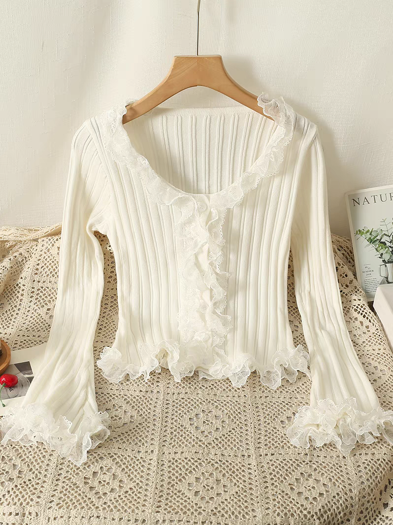 Maillard brown sweater bottoming shirt for women autumn and winter fur inner lace sweater square neck chiffon splicing top