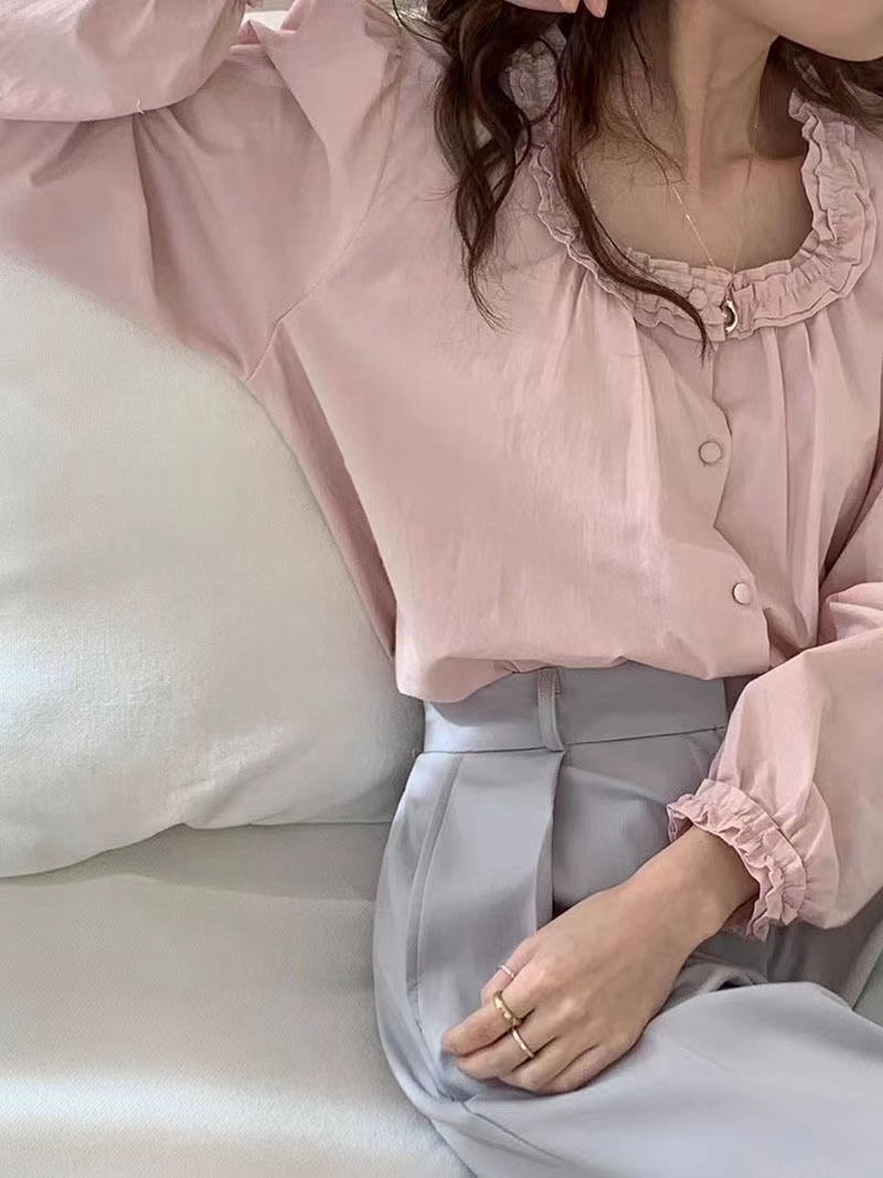 韩东大门春夏新粉色纯色木耳花边方领长袖甜美衬衫