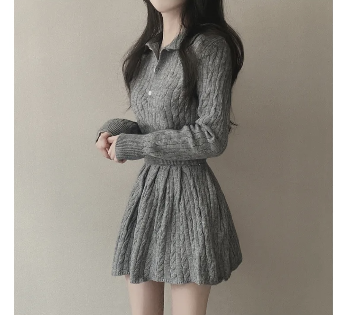 韩国季chic麻花针织polo领上衣+高腰百褶裙小个子两件套