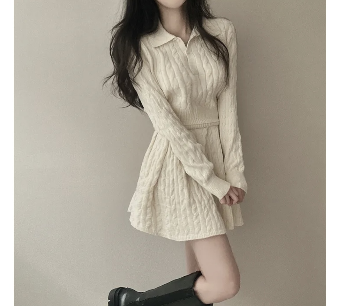 韩国季chic麻花针织polo领上衣+高腰百褶裙小个子两件套