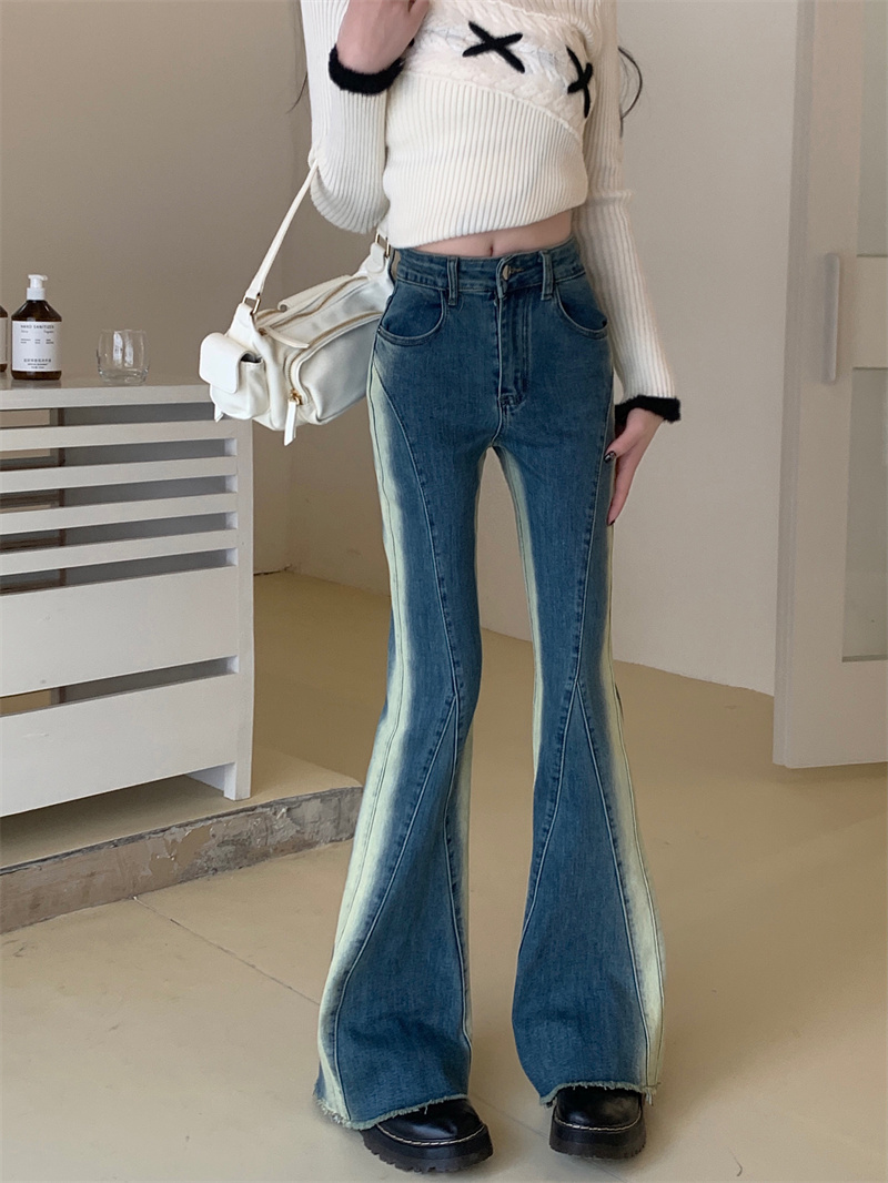 Actual shot of designer niche gradient slightly flared jeans for women with high waist and slimming wide leg pants