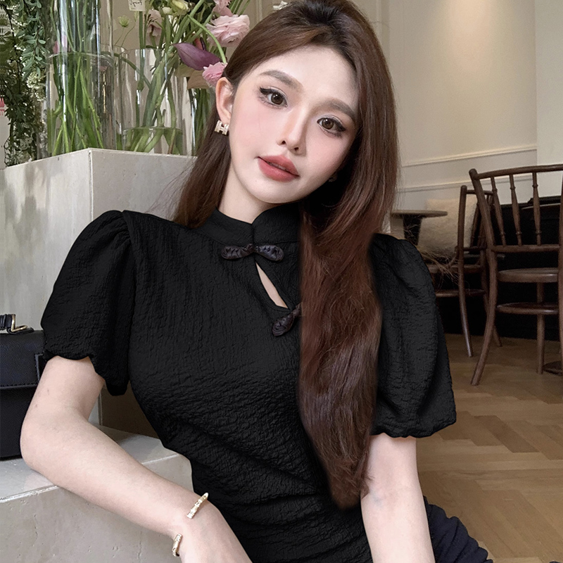 Official photo New Chinese style improved button cheongsam short-sleeved pure lust style puff sleeve thin shirt top