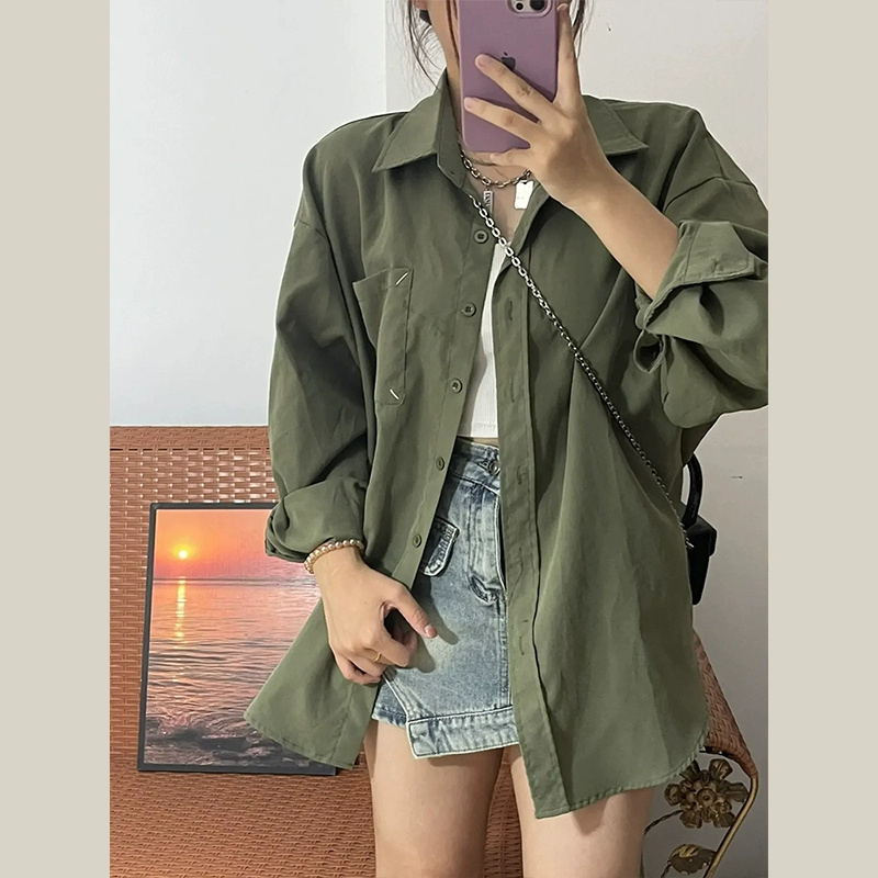 100 polyester green long-sleeved shirt top 2024 new early autumn sun protection cardigan jacket shirt