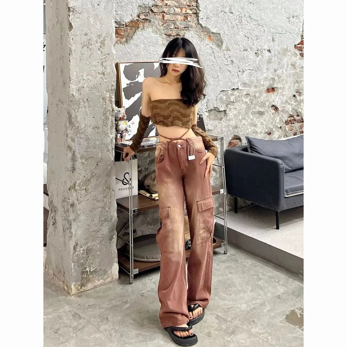 American Gradient Brown Jeans Women's 2024 Spring and Autumn New Style Straight Leg Loose Pocket Wide Leg Overalls Trendy