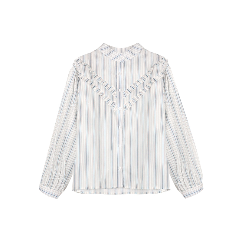 French style double layer ruffle shirt 2024 retro striped shirt women's retro loose top