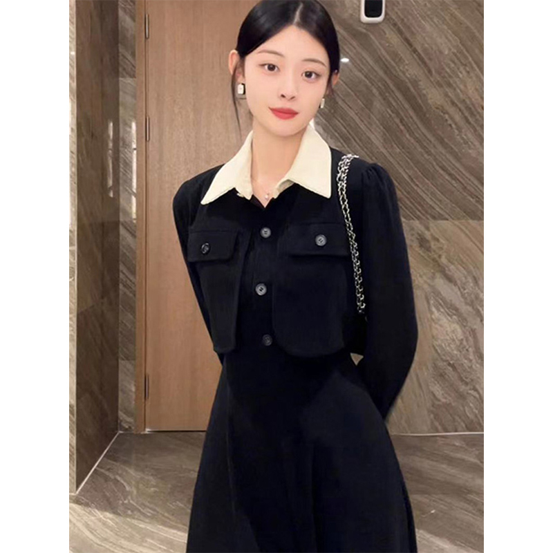 Spring women's 2024 new French long-sleeved fake two-piece dress autumn and winter rich little daughter's fragrance style matching