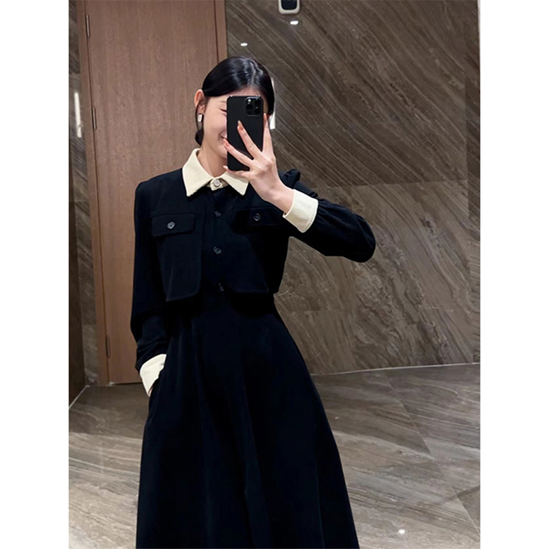 Spring women's 2024 new French long-sleeved fake two-piece dress autumn and winter rich little daughter's fragrance style matching