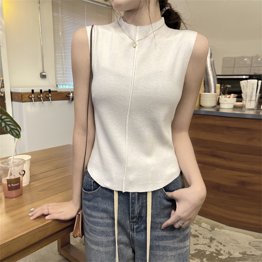 Actual shot of spring half turtleneck sleeveless slim fit bottoming shirt for women Korean style solid color reversible inner top