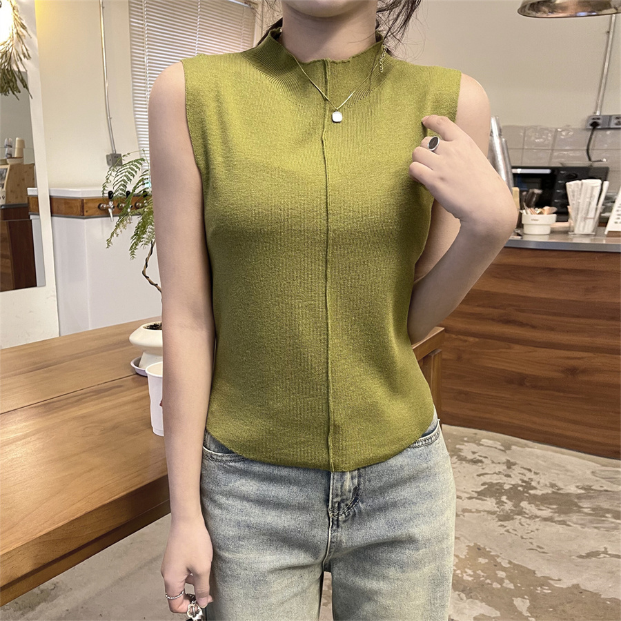 Actual shot of 2024 spring style high-end half turtleneck sleeveless top knitted sweater vest