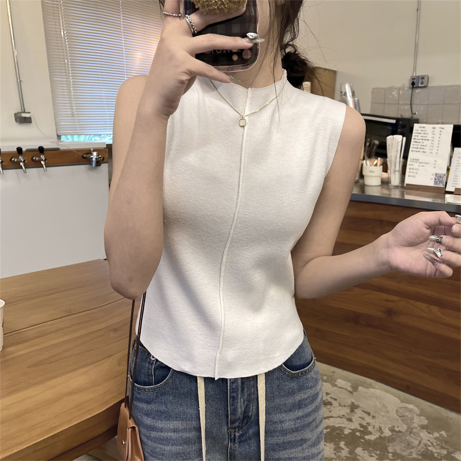 Actual shot of spring half turtleneck sleeveless slim fit bottoming shirt for women Korean style solid color reversible inner top