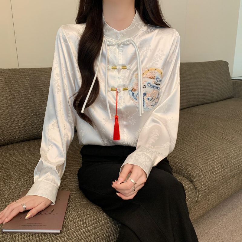 實拍 春季款新中式國風緞面襯衫盤扣吊墜長袖襯衣雪紡上衣
