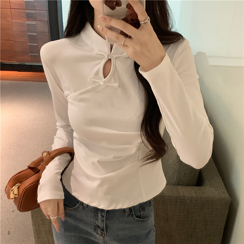 實拍 早春新中式國風盤扣短款立領洋氣純棉短款長袖T恤女上衣