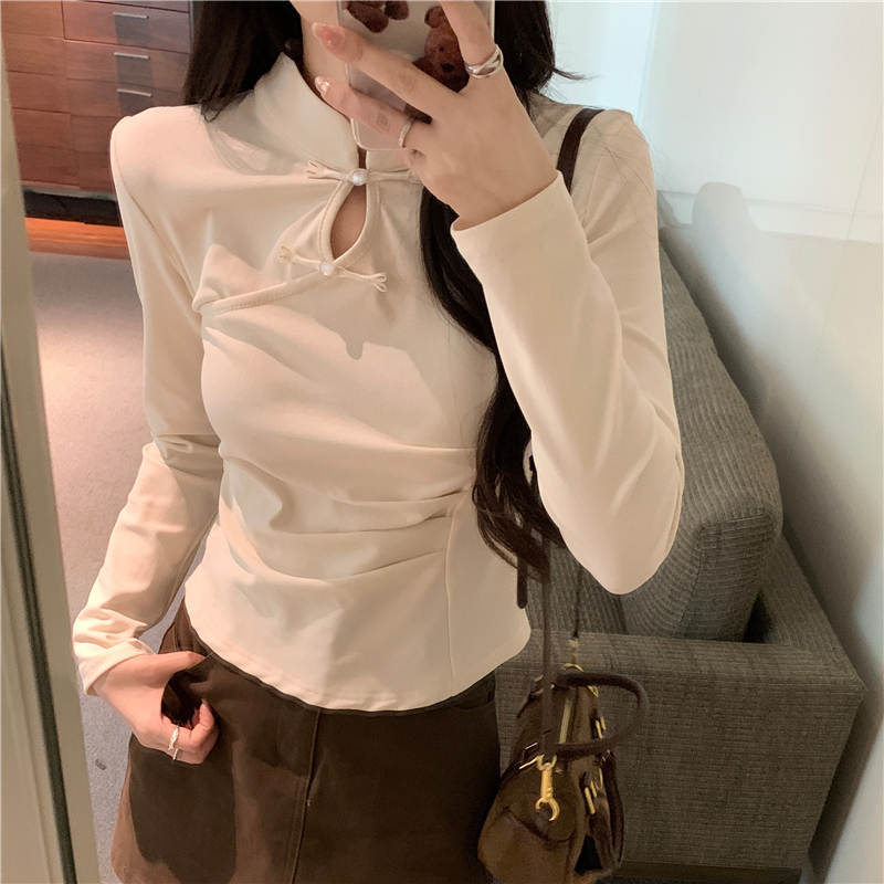 實拍 早春新中式國風盤扣短款立領洋氣純棉短款長袖T恤女上衣