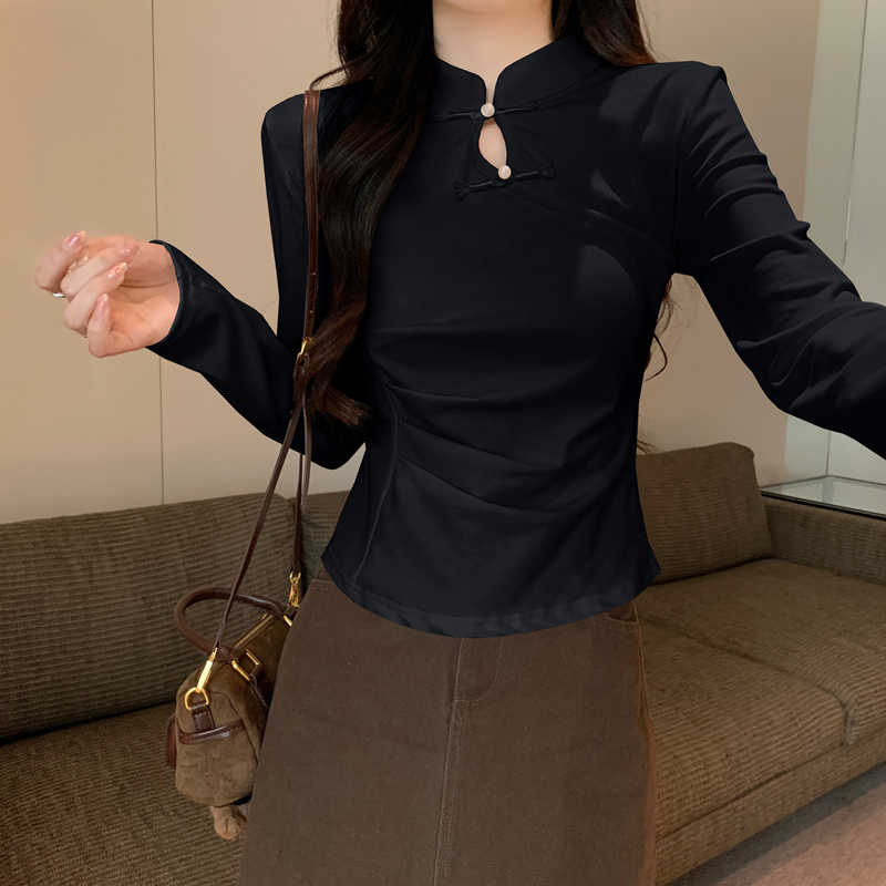 實拍 早春新中式國風盤扣短款立領洋氣純棉短款長袖T恤女上衣