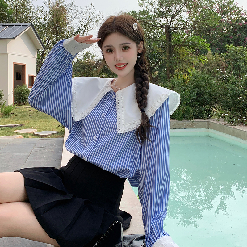 春 大码女装娃娃领减龄衬衫韩版宽松型H型条纹衬衣