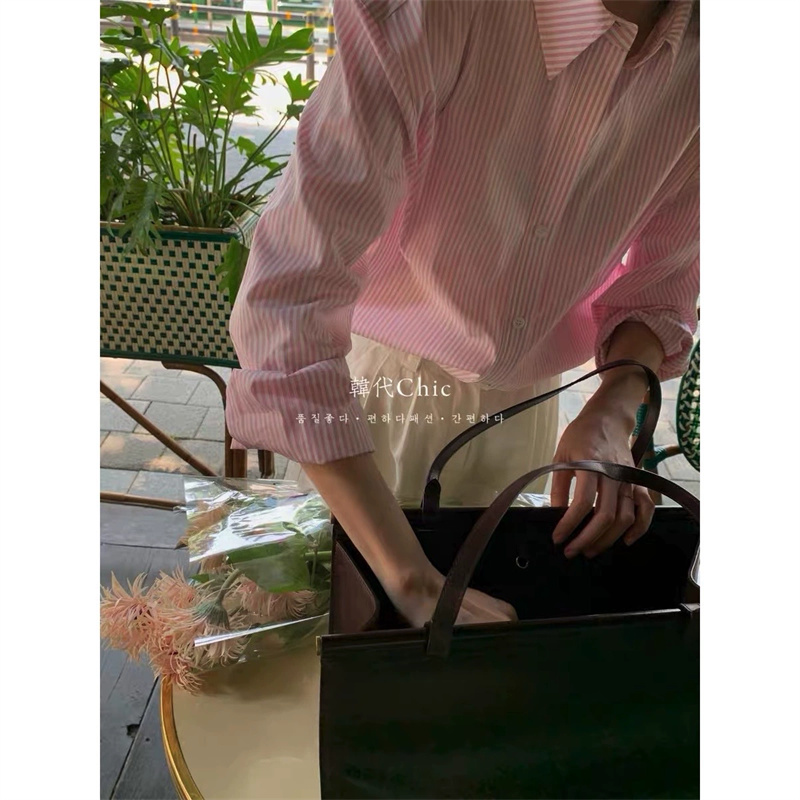 棉条纹衬衫女2024年春季韩代Chic新款设计感粉色外穿宽松打底衬衣