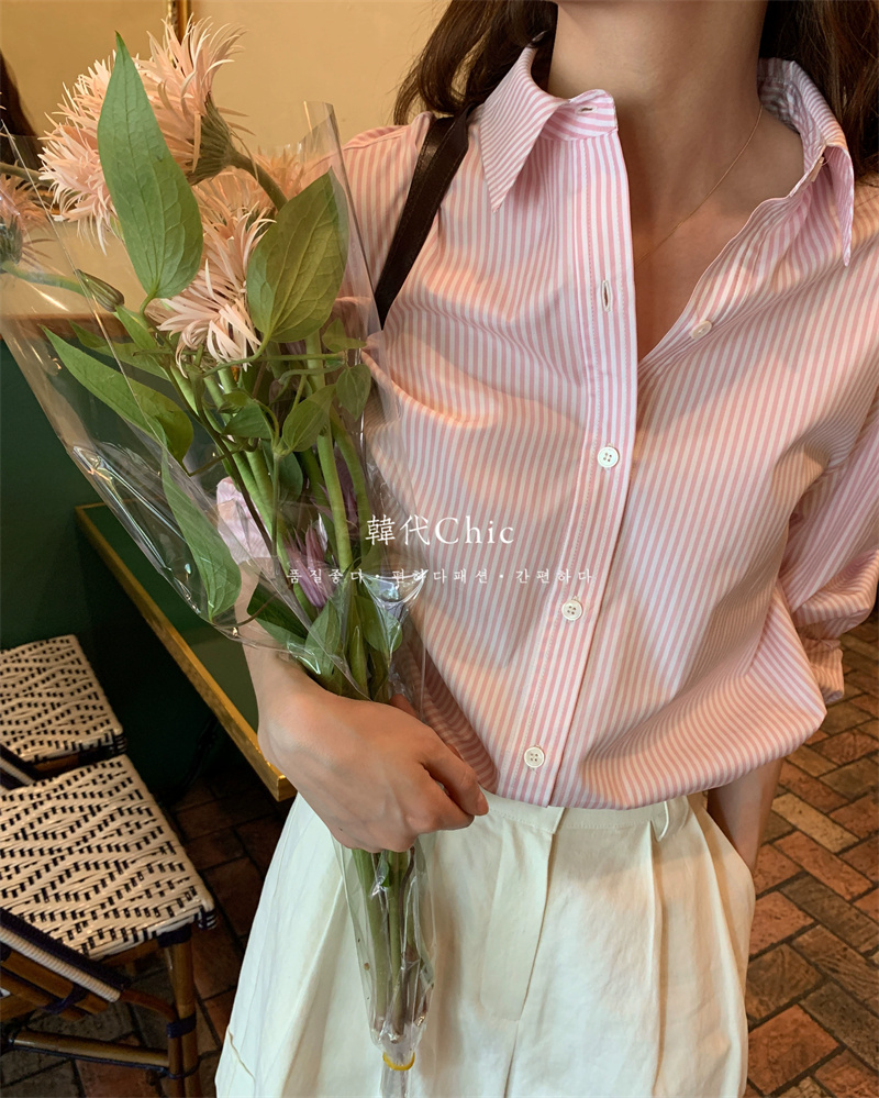 棉条纹衬衫女2024年春季韩代Chic新款设计感粉色外穿宽松打底衬衣