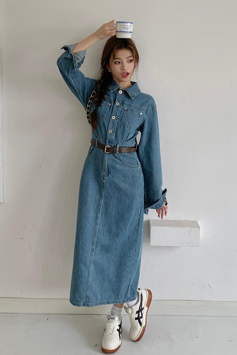 實拍2026春裝新款牛仔裙連衣裙后開叉女直筒裙氣質收腰顯瘦長裙子