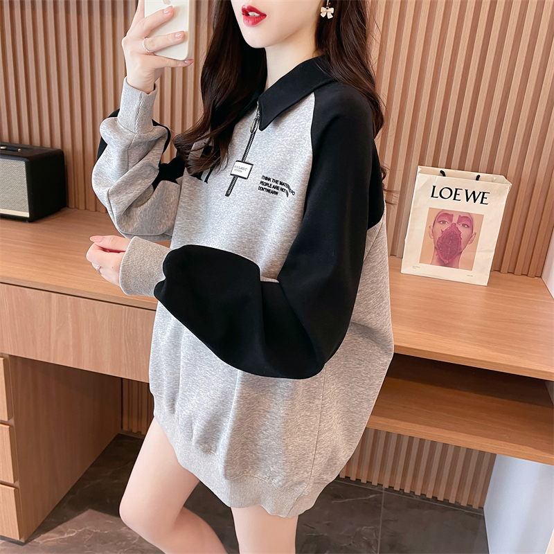 Actual shot 2024 spring Korean style loose back bag reverse cotton Chinese cotton POLO collar color matching large size thin sweatshirt for women