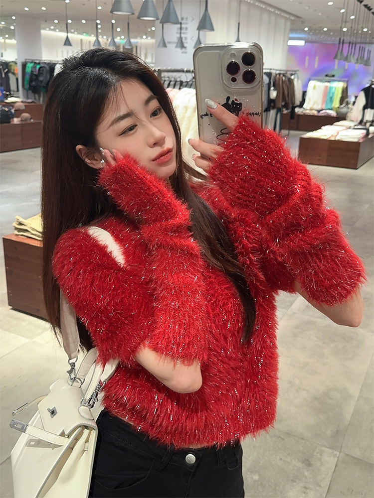 Actual shot of early spring Korean chic simple New Year red glitter fur sleeve sweater
